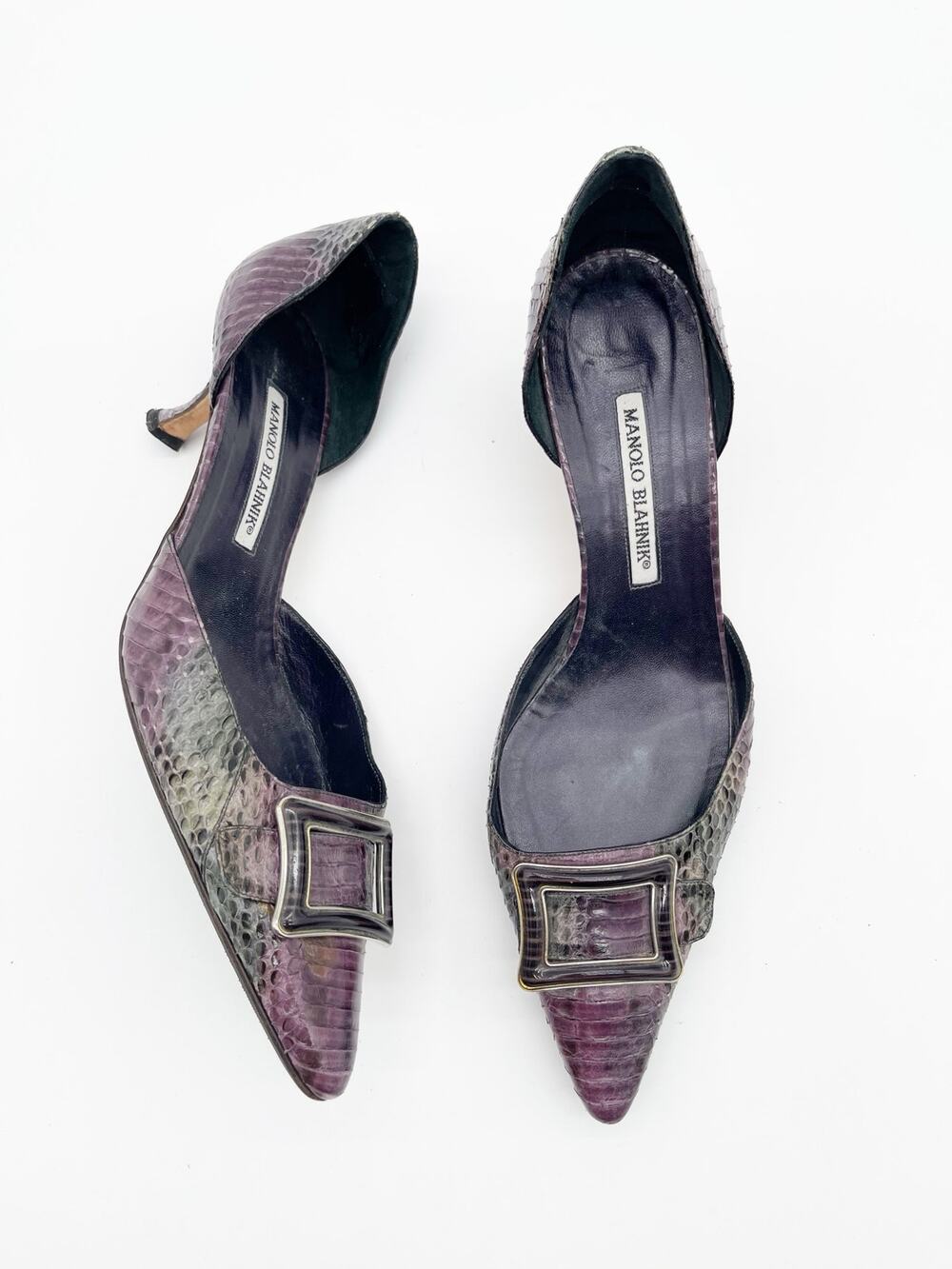 Manolo Blahnik Vintage Purple Gray Python Snakeskin Buckle Kitten Heels IT 41
